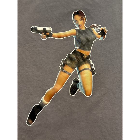 BERSHKA Vtg Y2K LARA CROFT Tombraiders One Long Sleeve Gray Fitted Tee L - Picture 4 of 5